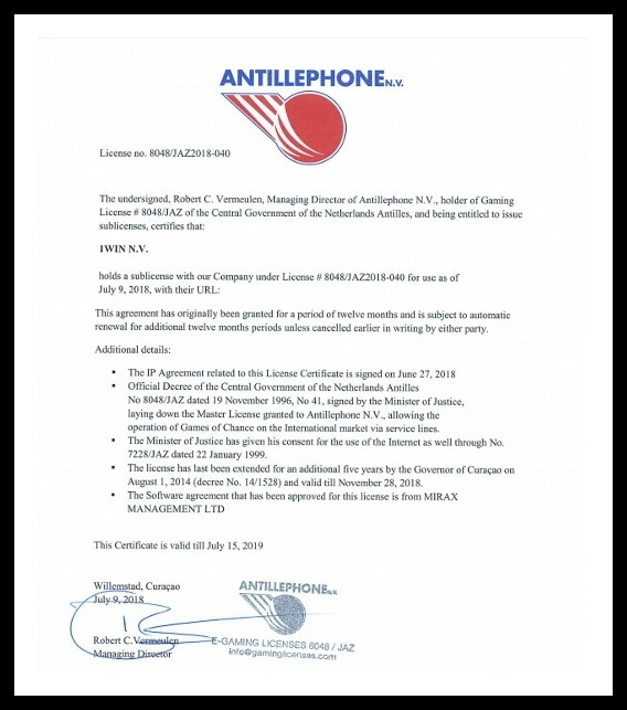 Curacao Antillephone license for 1 Win Company